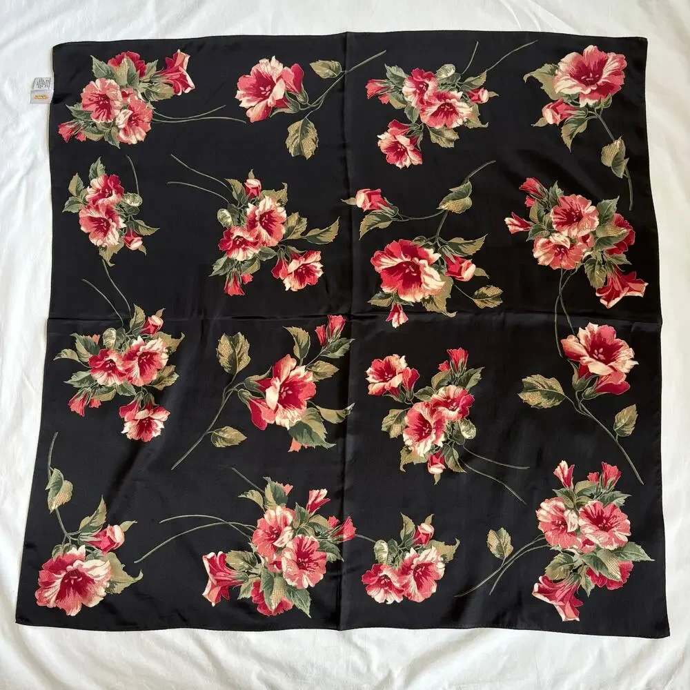 Vintage Talbots 100% Silk Floral Square Scarf Black Pink